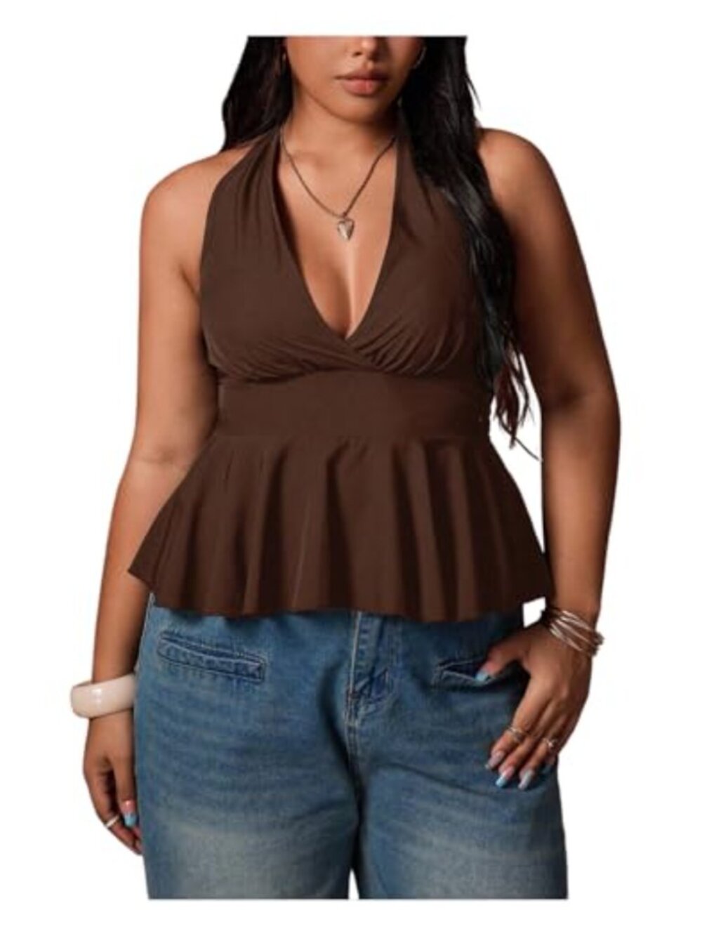 Women's Plus Size Halter Top Backless Peplum Sleeveless Smocked Babydoll Top